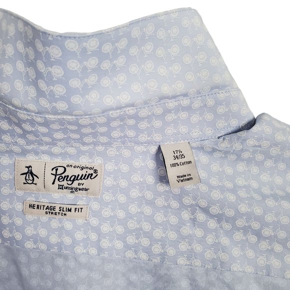 Original Penguin Size XL 17.5 Shirt Heritage Slim Fit Stretch Cotton Bike Print - Picture 8 of 11